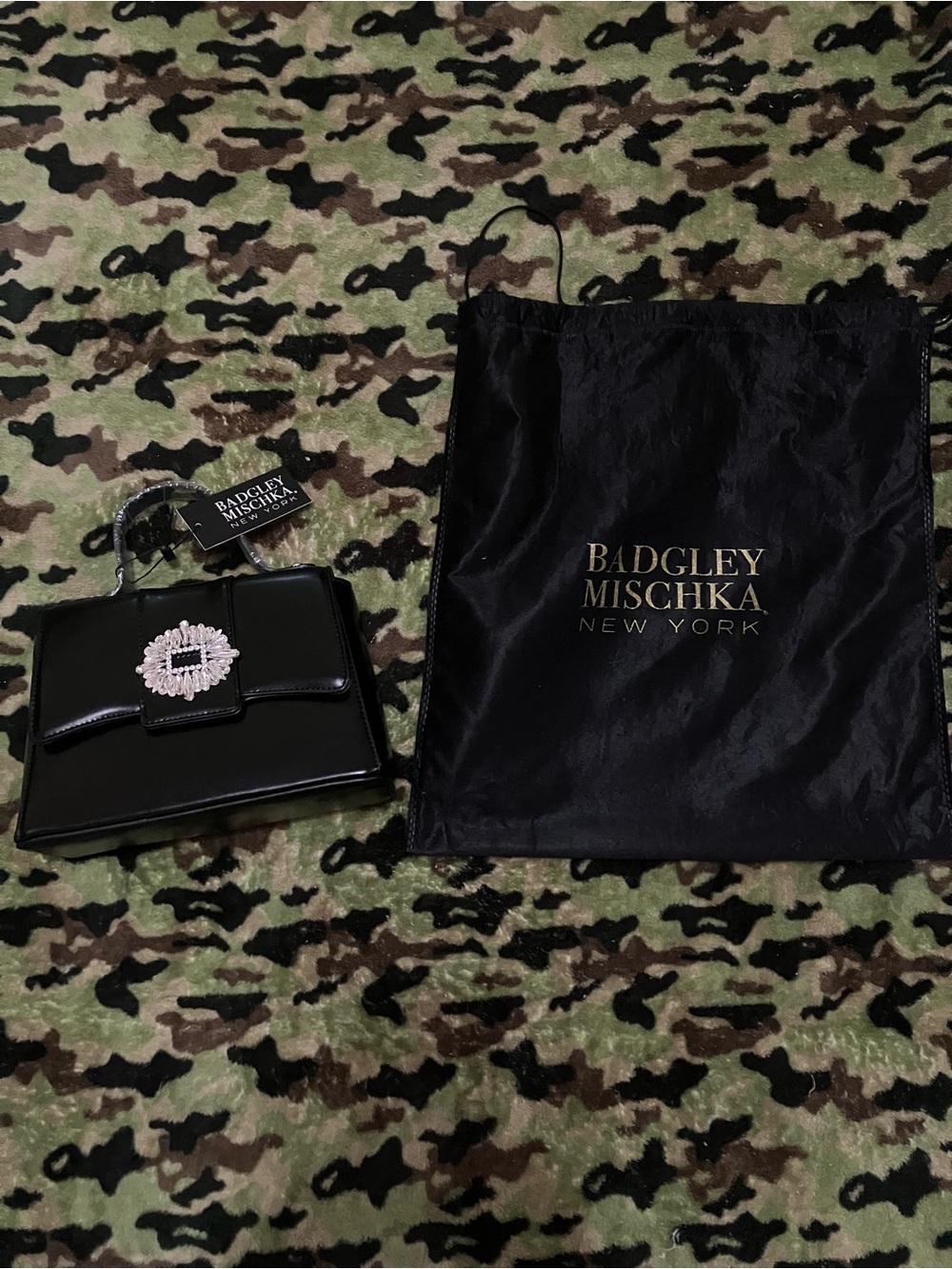 Badgley Mischka Black Patent Clutch with Branded Lining
